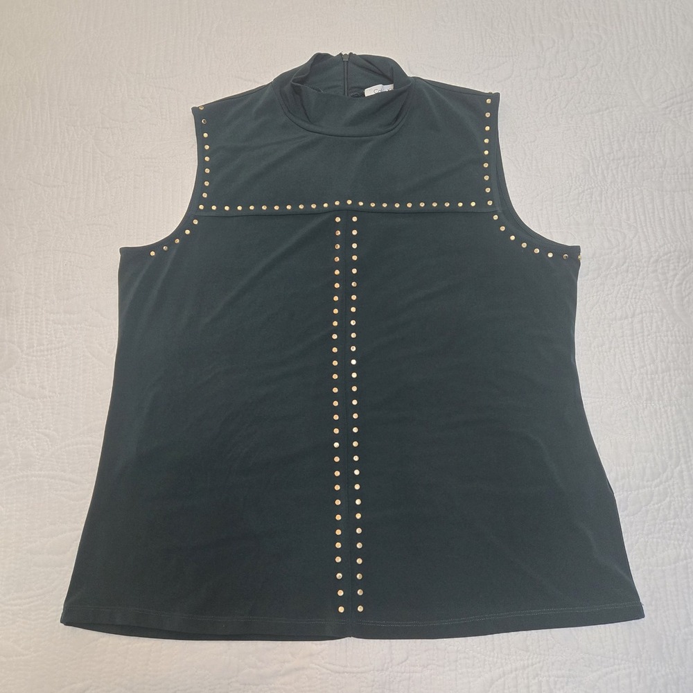Calvin Klein Womens XL Mock Neck Sleeveless Top Tank Studded Jewel Hunter Green - Picture 3 of 13